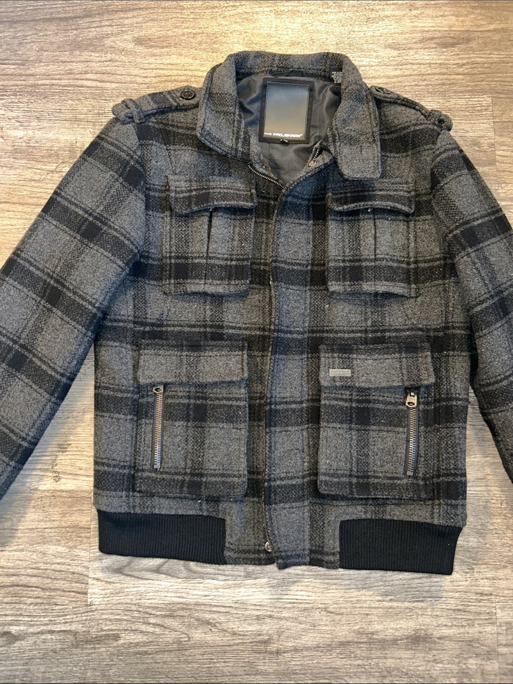 Projek Raw Wool Blend Plaid Bomber Jacket Gray Black Utility Zip Snap Men’s L - Picture 2 of 13